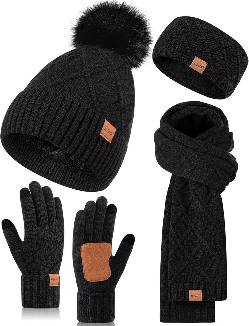APEVAN Womens Winter Hat Gloves Scarf Headband Set, Pom Pom Beanie Long Scarf Touchscreen Gloves Ear Warmer, 4 in 1 Warm Gift Set - Image 1